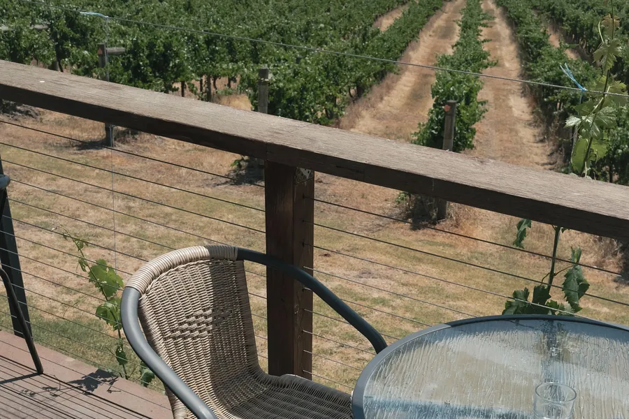 Vineyard rows behind a cellar door terrace in the Yarra Valley